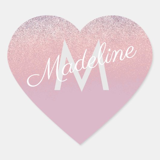 Faux Pink en Paarse Sparkly Glitter Monogrammen Hart Sticker (Voorkant)