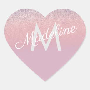 Faux Pink en Paarse Sparkly Glitter Monogrammen Hart Sticker