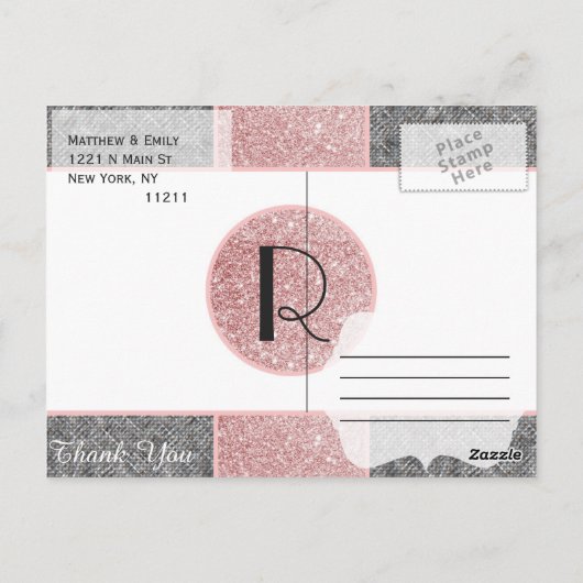  Faux Pink Glitter en Grijze Stof Briefkaart (Achterkant)