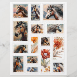 Faux Postzegels w / Mustang Horses Herfst Bloemen