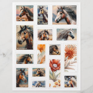 Faux Postzegels w / Mustang Horses Herfst Bloemen