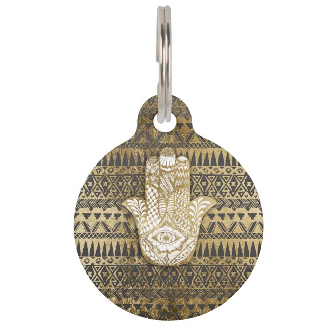 Faux Print Gold Hamsa Hand Tribal Aztec Huisdierpenning (Achterkant)