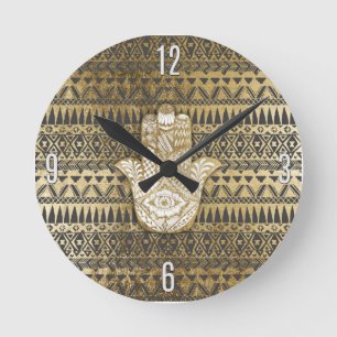 Faux Print Gold Hamsa Hand Tribal Aztec Ronde Klok