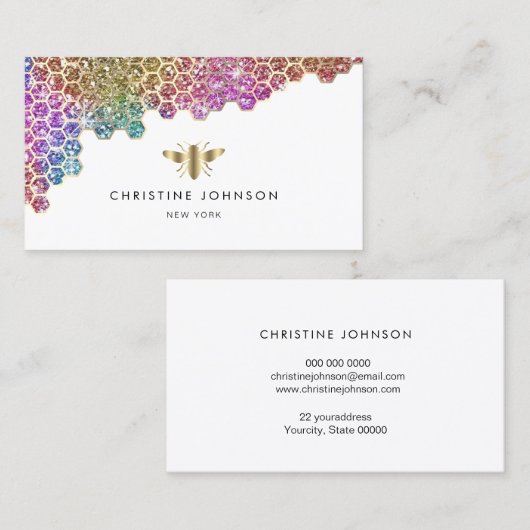 Faux Rainbow glitter honingraat en gouden bij Visitekaartje (Voorkant / Achterkant)