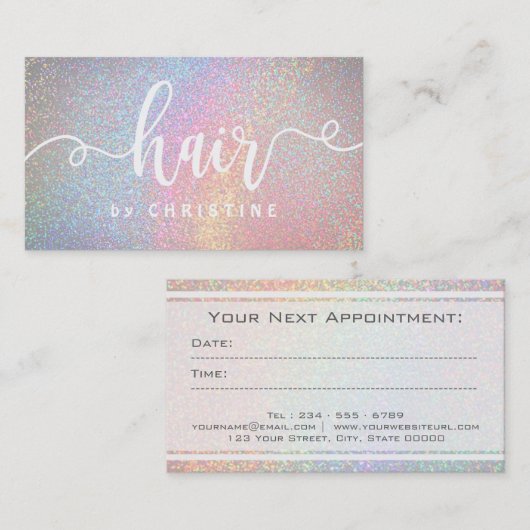 Faux Rainbow glitter wit script haar Afsprakenkaartje (Voorkant / Achterkant)