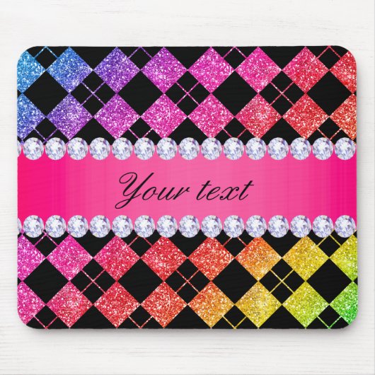 Faux Rainbow Neon Glitter Diamonds Black Muismat (Voorkant)