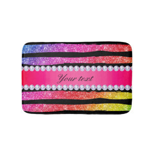 Faux Rainbow Neon Glitter Stripes Diamonds Black Badmat