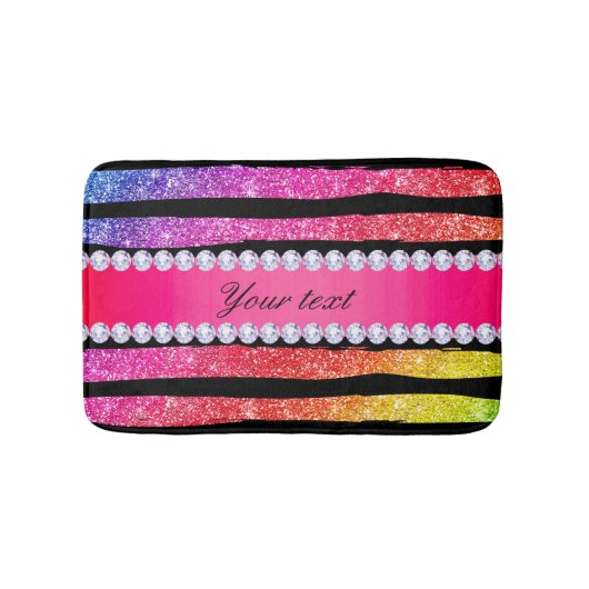 Faux Rainbow Neon Glitter Stripes Diamonds Black Badmat (Voorkant)