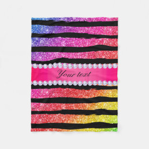Faux Rainbow Neon Glitter Stripes Diamonds Black Fleece Deken