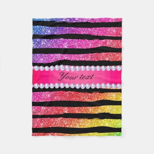 Faux Rainbow Neon Glitter Stripes Diamonds Black Fleece Deken (Voorkant)