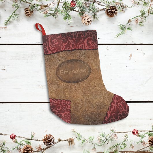 Faux Red Brown Monogram Leather Kleine Kerstsok
