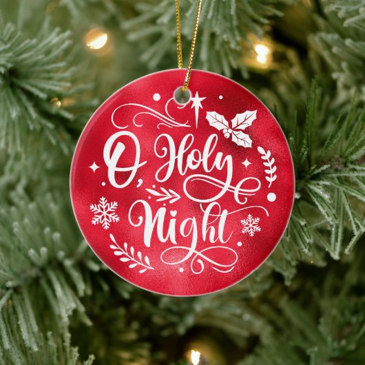 Faux Red Folie O Heilige Nachtbrieftering Foto Keramisch Ornament (Boom)