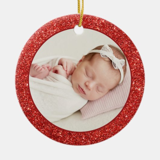 Faux Red Glitter Baby eerste kerstfoto Keramisch Ornament (Voorkant)