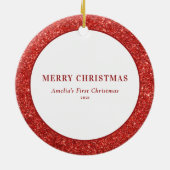 Faux Red Glitter Baby eerste kerstfoto Keramisch Ornament (Achterkant)