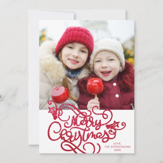 Faux Red Glitter Photo Merry Kerstscript Feestdagenkaart (Voorkant)
