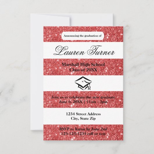 Faux Red Glitter Stripe-3x5 Afstudeerder Aankondig Kaart (Voorkant)