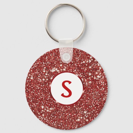 Faux Red Glitter Textuur en aangepast monogram Sleutelhanger (Voorkant)
