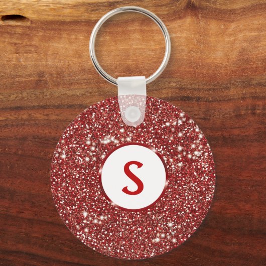 Faux Red Glitter Textuur en aangepast monogram Sleutelhanger (Voorkant)