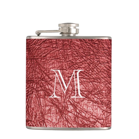 Faux Red Leather Monogram Roestvrij staal Kolf Heupfles (Voorkant)
