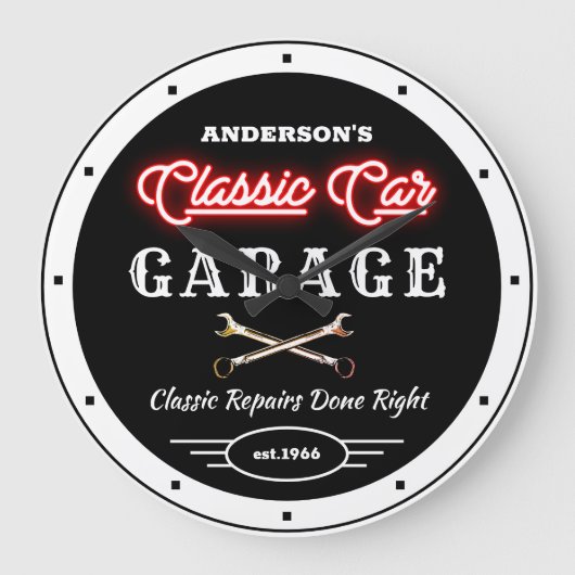 Faux Red Neon Klassieke auto Garage Grote Klok (Voorkant)