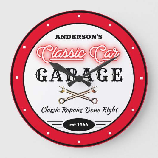 Faux Red Neon Klassieke auto Garage Grote Klok (Voorkant)