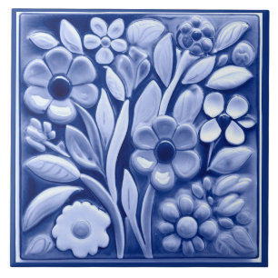 Faux Relief Donkerblauwe Bloemen Tegeltje
