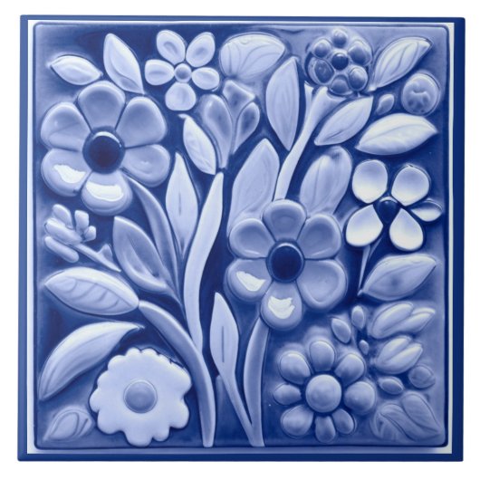 Faux Relief Donkerblauwe Bloemen Tegeltje (Voorkant)