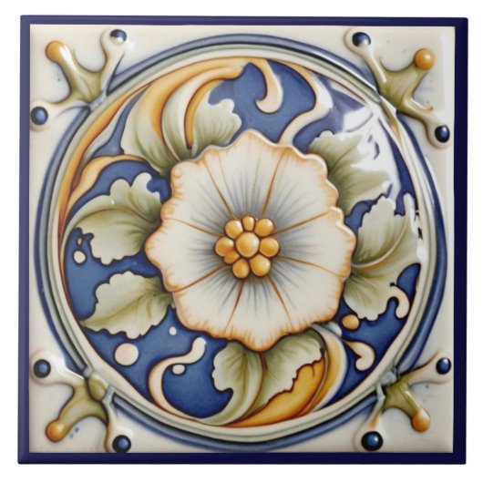 Faux Relief Flower Art Deco Blauw Wit Bloemen Tegeltje (Voorkant)