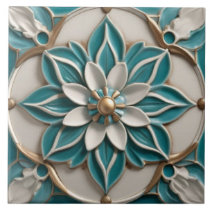 Faux Relief Flower in Turquoise Blauwgroen Wit & G Tegeltje