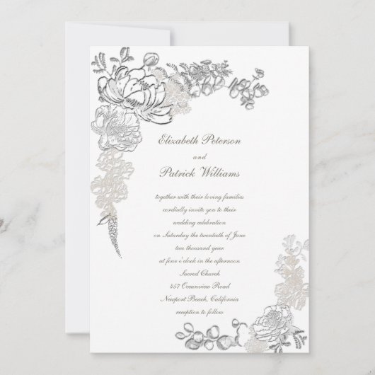 Faux reliëf ivoor pioen kalligrafie bruiloft kaart (Voorkant)