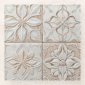 Faux Relief - Pastel Beige & Witte Abstracte Bloem Glazen Onderzetter (Voorkant)