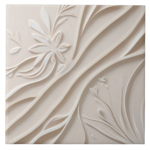 Faux Relief Pastel Beige & Witte Abstracte Bloemen Tegeltje
