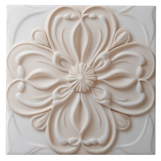 Faux Relief Pastel Beige & Witte Decoratieve Bloem Tegeltje (Voorkant)