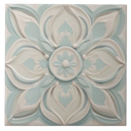 Faux Relief Pastel Mint Blauw & Wit Bloemen Tegeltje