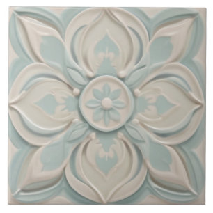Faux Relief Pastel Mint Blauw & Wit Bloemen Tegeltje