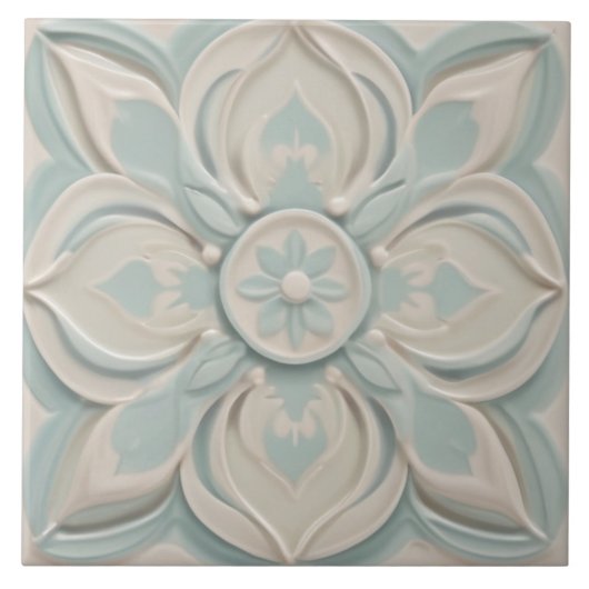 Faux Relief Pastel Mint Blauw & Wit Bloemen Tegeltje (Voorkant)