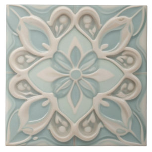Faux Relief Pastel Mint Blauw & Wit Bloemen Tegeltje
