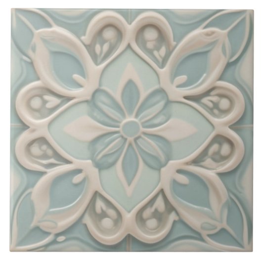 Faux Relief Pastel Mint Blauw & Wit Bloemen Tegeltje (Voorkant)