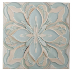 Faux Relief Pastel Mint Blauw & Wit Bloemen Tegeltje