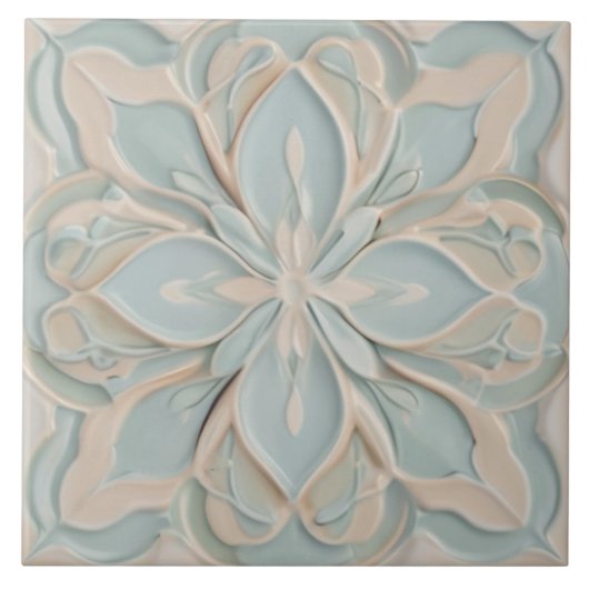 Faux Relief Pastel Mint Blauw & Wit Bloemen Tegeltje (Voorkant)