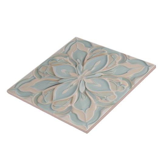 Faux Relief Pastel Mint Blauw & Wit Bloemen Tegeltje (Zijkant)