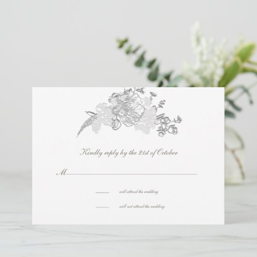 Faux reliëf pioen formele ivoor bruiloft RSVP Kaar (Staand voorkant)