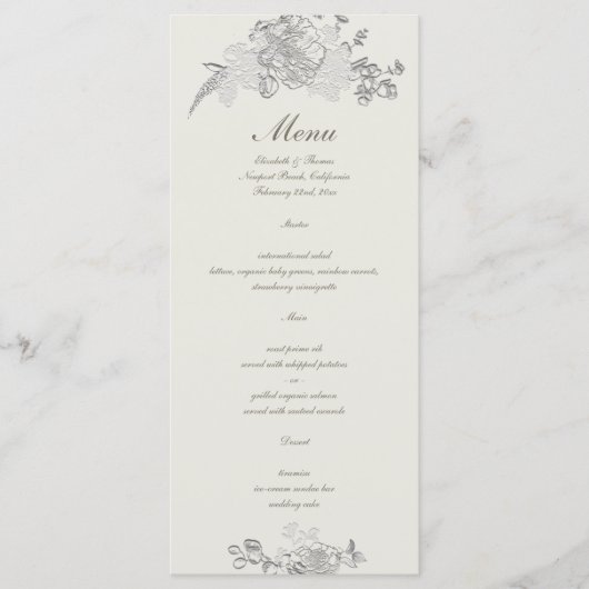 Faux reliëf pioen klassieke formele ecru bruiloft menu (Voorkant)