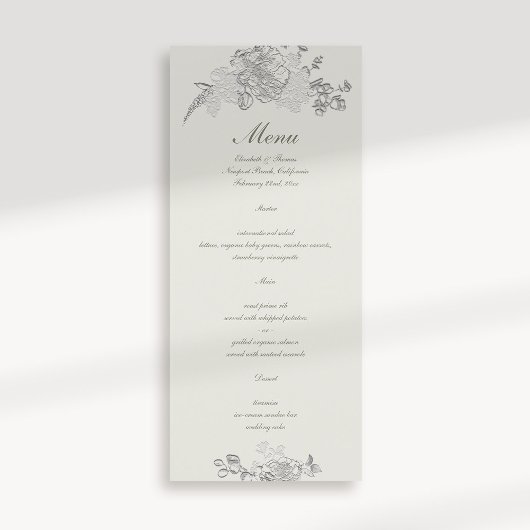 Faux reliëf pioen klassieke formele ecru bruiloft menu