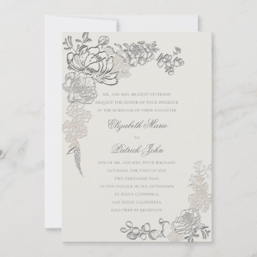 Faux reliëf pioenrozen Lijst Formele ecru bruiloft Kaart (Voorkant)