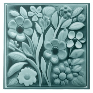 Faux Relief Turquoise Blauwgroen Bloemen Tegeltje