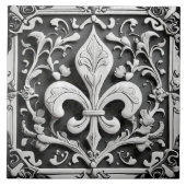 Faux Relief Zwart-wit Fleur de Lis Tegeltje (Voorkant)