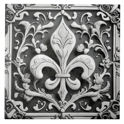 Faux Relief Zwart-wit Fleur de Lis Tegeltje (Voorkant)