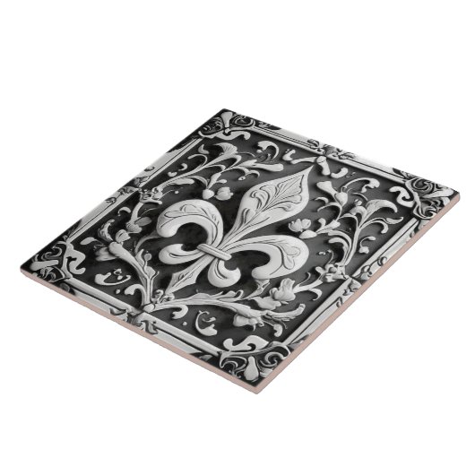 Faux Relief Zwart-wit Fleur de Lis Tegeltje (Zijkant)