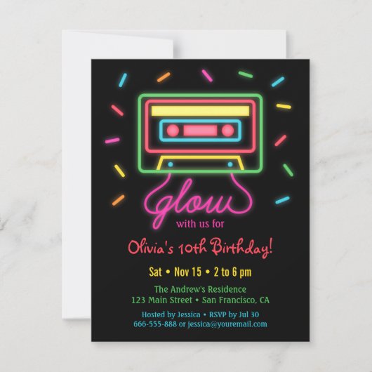 Faux Retro Cassette Neon Glow Verjaardagsfeestje Kaart (Voorkant)